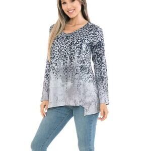 Cubism Floral Hacci Print Top Blue & Grey Long Sleeve Round Neck Tunic Style XL